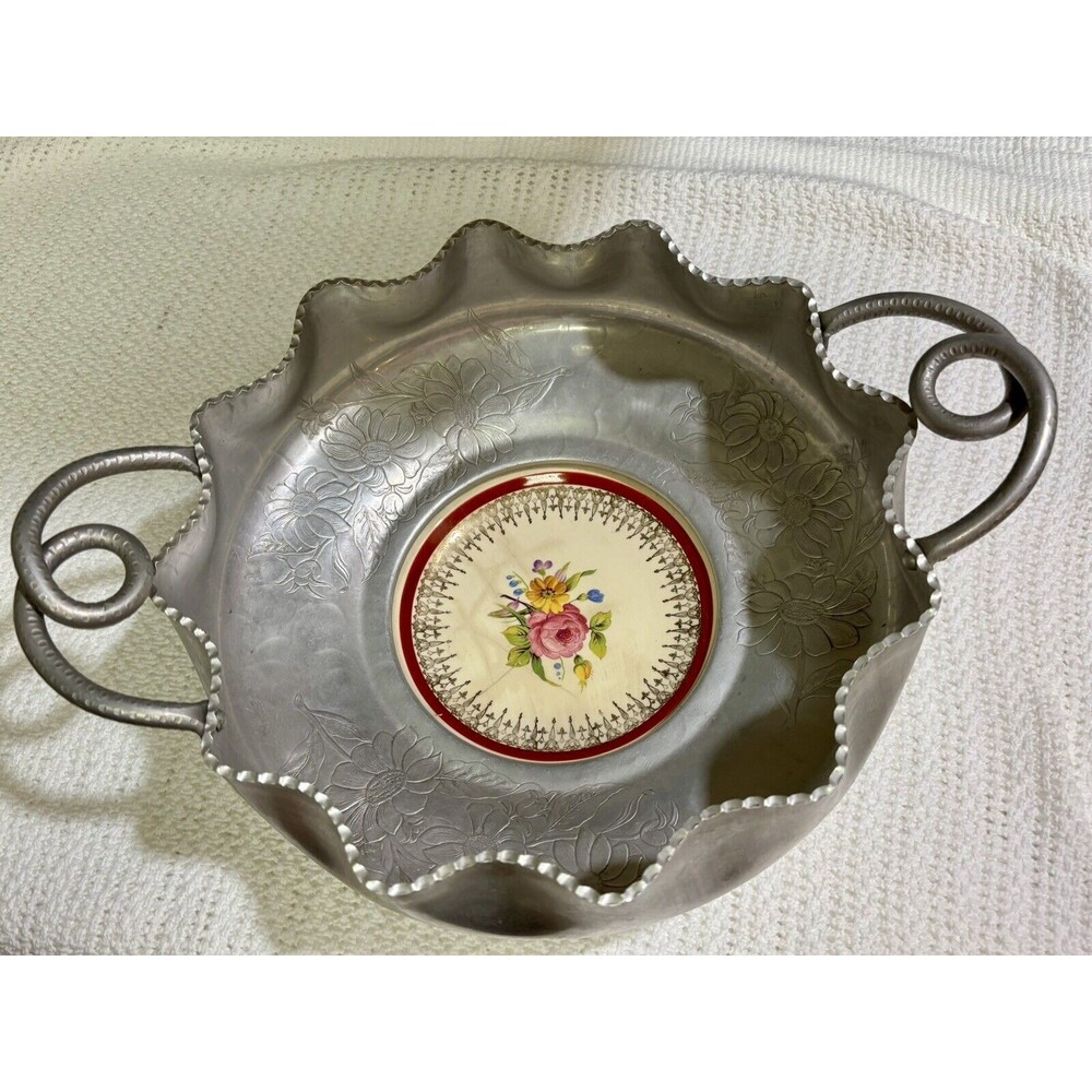 Vintage Farber & Shelvin  Two Handled  China & Hammered Aluminum Bowl